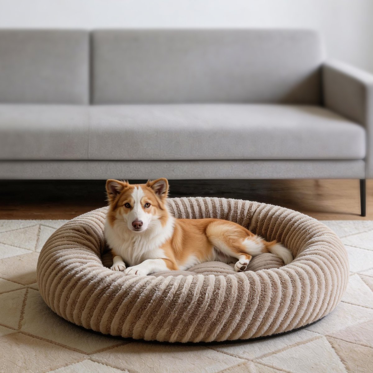JOEJOY Washable Anti Slip Bottom Calming Donut Puppy, Dog & Cat Bed with Removable Zipper Cover, Beige, 36 x 36 x 10-in