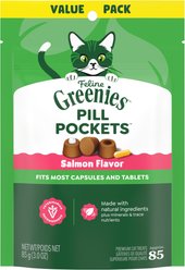 Greenies Pill Pockets Feline Natural Salmon Flavor Soft Adult Cat Treats, Salmon Flavor, 85 count