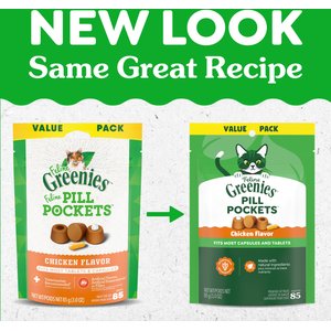 Greenies Pill Pockets Feline Chicken Flavor Natural Soft Adult Cat Treats, 3-oz bag, 85 count