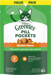 Greenies Pill Pockets Feline Chicken Flavor Natural Soft Adult Cat Treats, 3-oz bag, 85 count