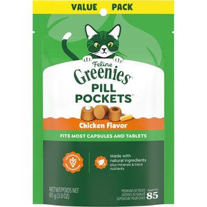 Greenies Pill Pockets Feline Chicken Flavor Natural Soft Adult Cat Treats, 3-oz bag, 85 count