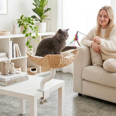 Show full view: Happy & Polly Flower-Shaped Desk Natural Woven Orthopedic Elevated Cat Bed slide 2 of 9
