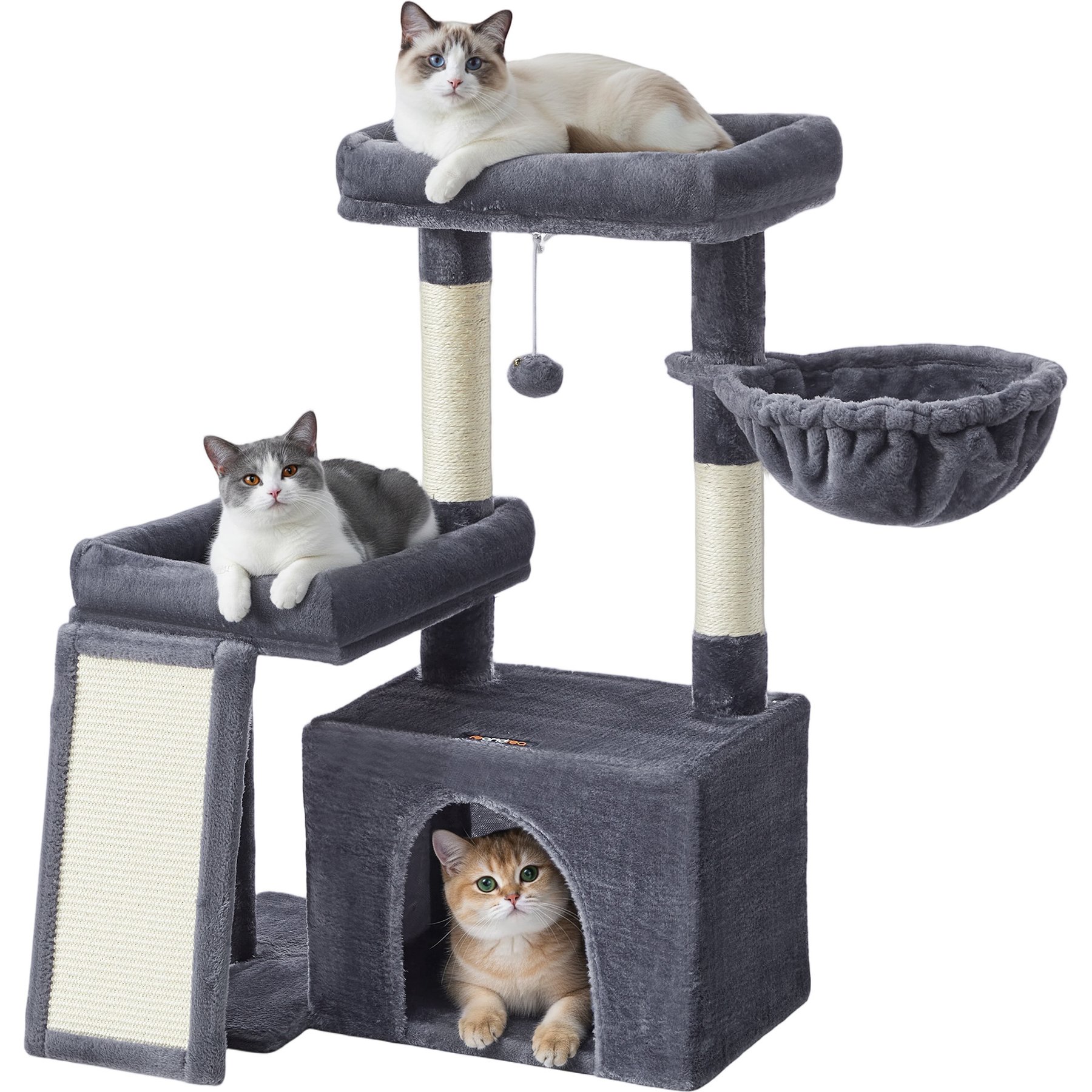 FEANDREA Tower Condo with Scratching Posts & Ramp, 2 Perches 33.8-in Hanging Toy Cat Tree, Dark Gray