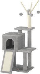 FEANDREA Indoor Condo Tower Scratching Post, Ramp, 3 Removable Pompom Sticks 46.5-in Hanging Toy Cat Tree, Dark Gray
