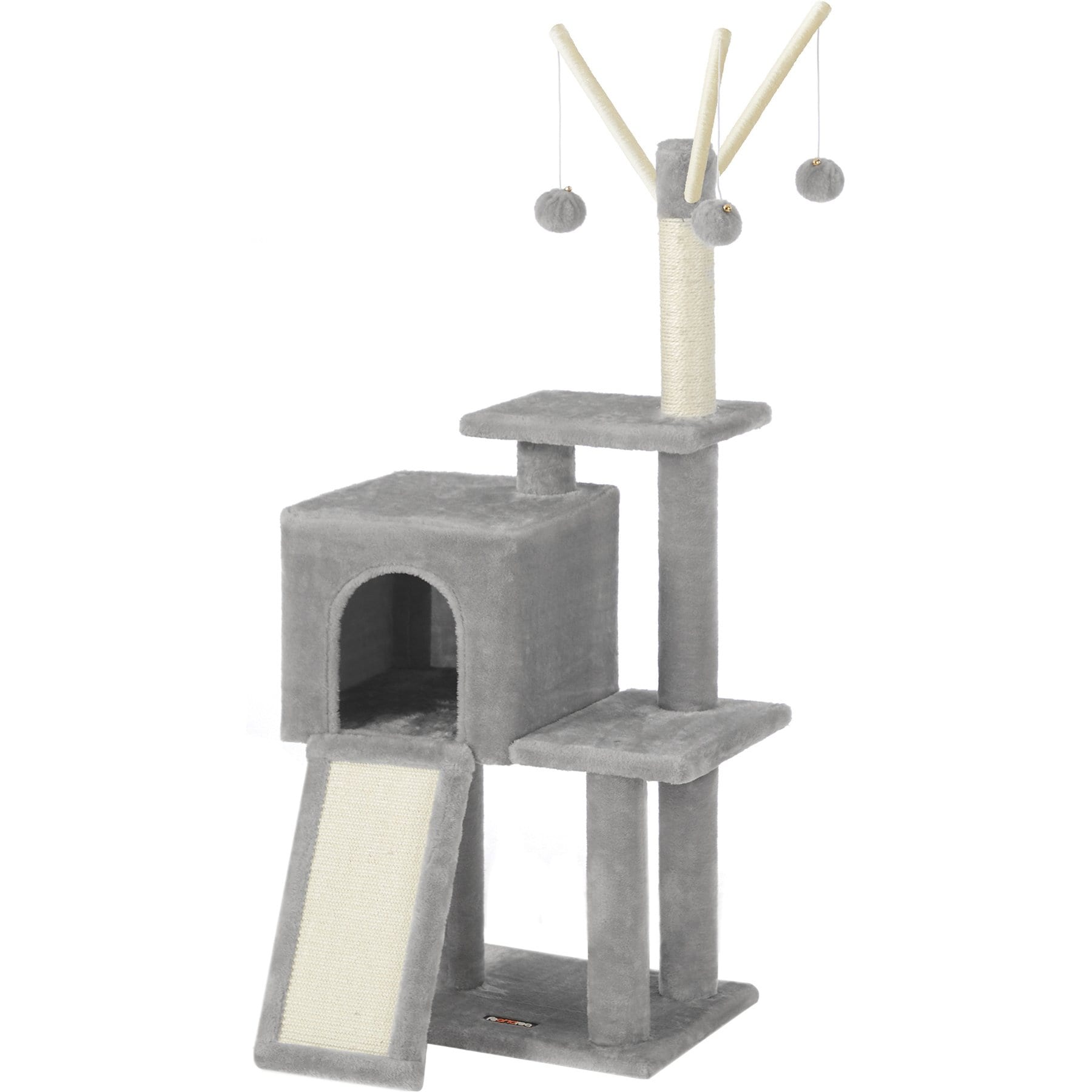 FEANDREA Indoor Condo Tower Scratching Post, Ramp, 3 Removable Pompom Sticks 46.5-in Hanging Toy Cat Tree, Dark Gray