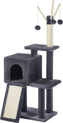 FEANDREA Indoor Condo Tower Scratching Post, Ramp, 3 Removable Pompom Sticks 46.5-in Hanging Toy Cat Tree, Light Gray