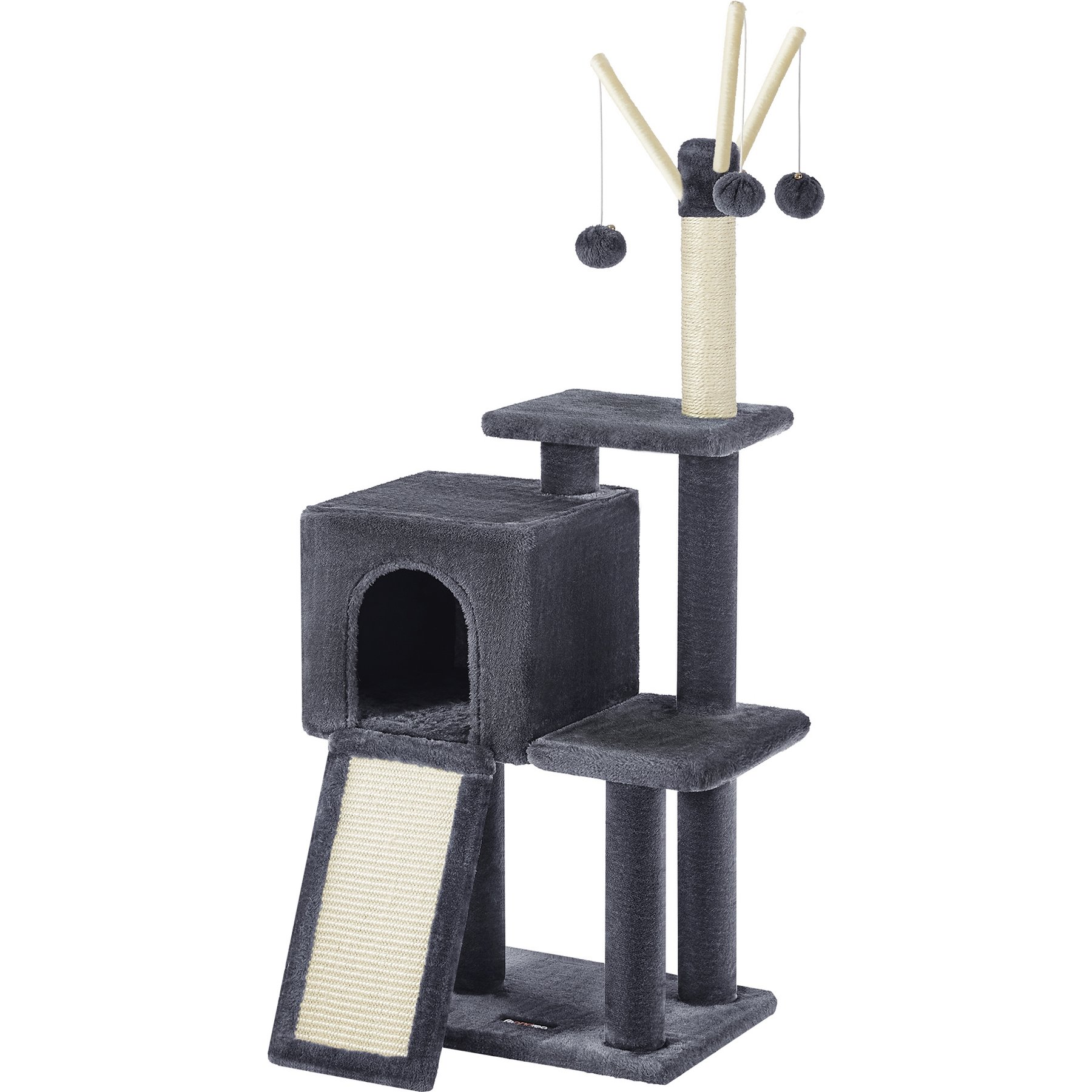 FEANDREA Indoor Condo Tower Scratching Post, Ramp, 3 Removable Pompom Sticks 46.5-in Hanging Toy Cat Tree, Light Gray