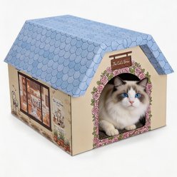 JOEJOY Indoor Coffee Shop Theme Easy Assembly House Cardboard Scratcher Cat Toy, Blue