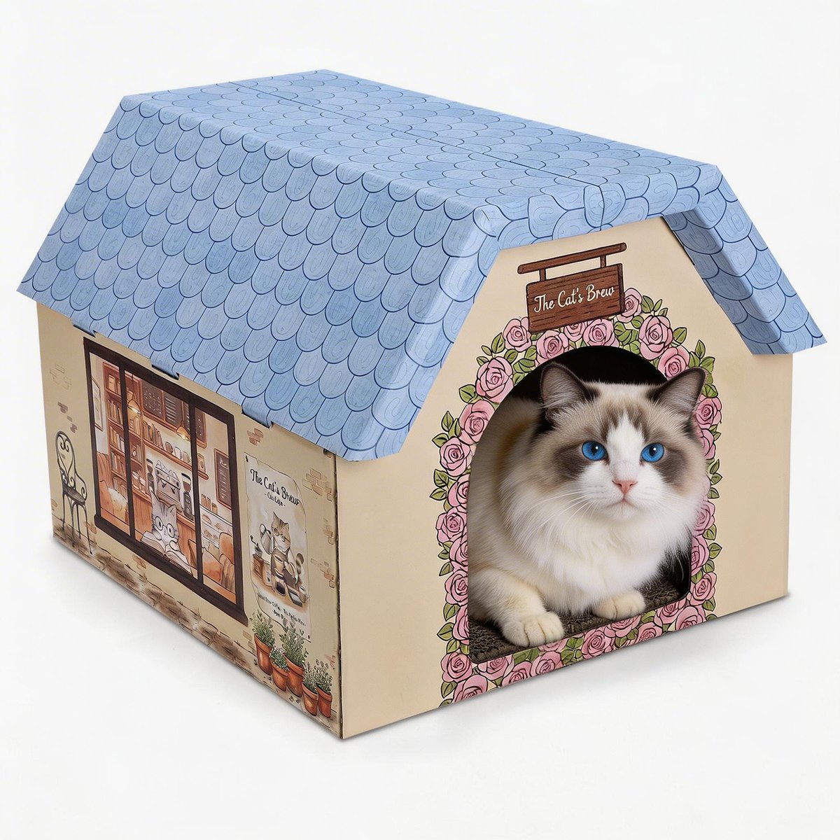 JOEJOY Indoor Coffee Shop Theme Easy Assembly House Cardboard Scratcher Cat Toy, Blue