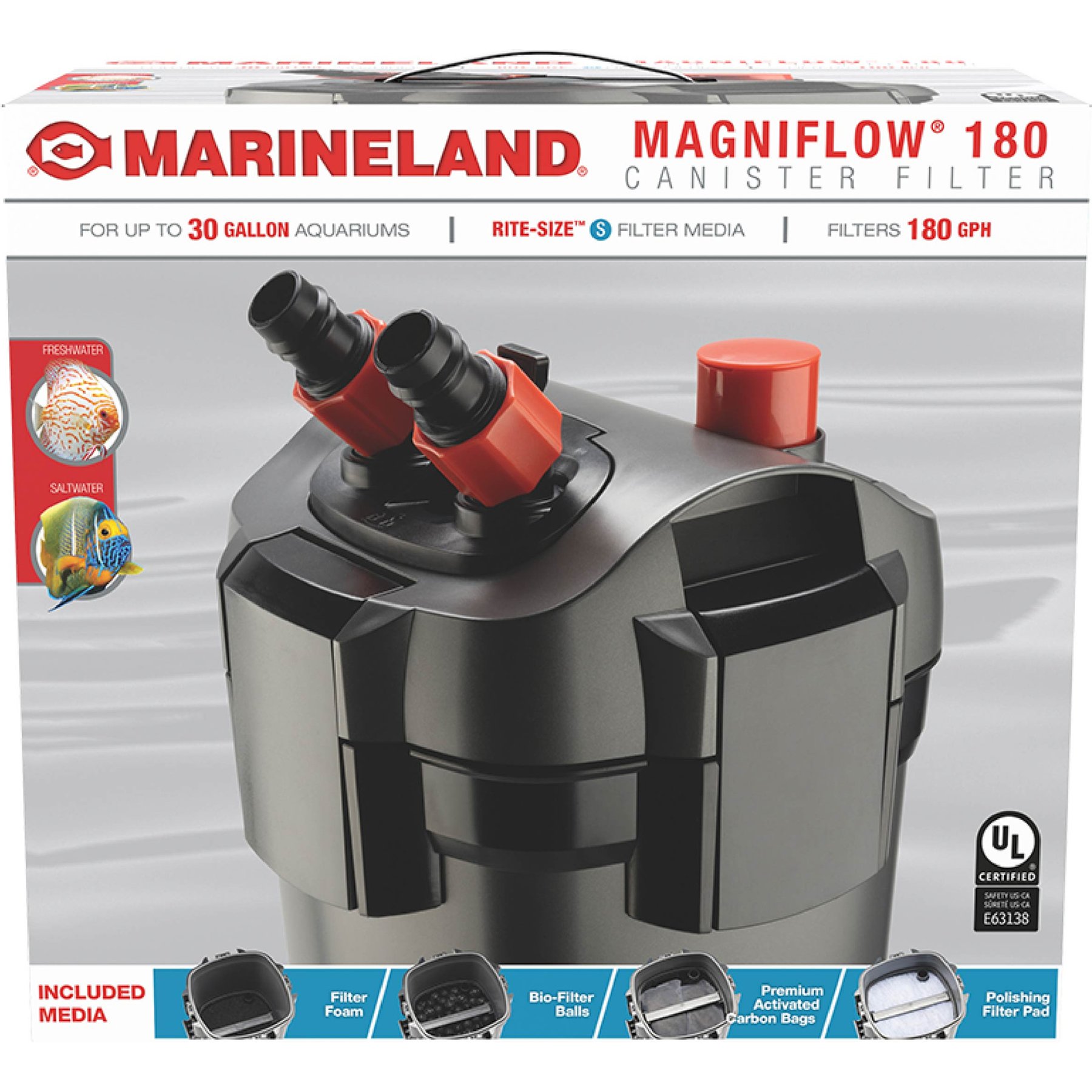 Marineland Magniflow 180 Canister Filter for Freshwater & Saltwater Aquariums with 3 Stage Filteration