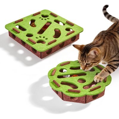 Potaroma Potaroma Round&Rectangle Scratch Felt Maze Box Cat Puzzle Toy, Green & Brown, 2 count