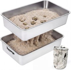 Topyangs Sifting Stainless Steel Open Top Odor Control Cat Litter Box with Trash Bag, Silver, X-Large, 2 count