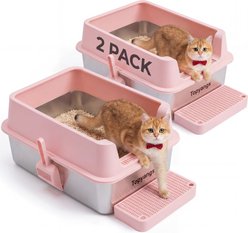 Topyangs Stainless Steel High Sides Enclosed Cat Litter Box with Footrest, XX-Large, 2 count, Pink