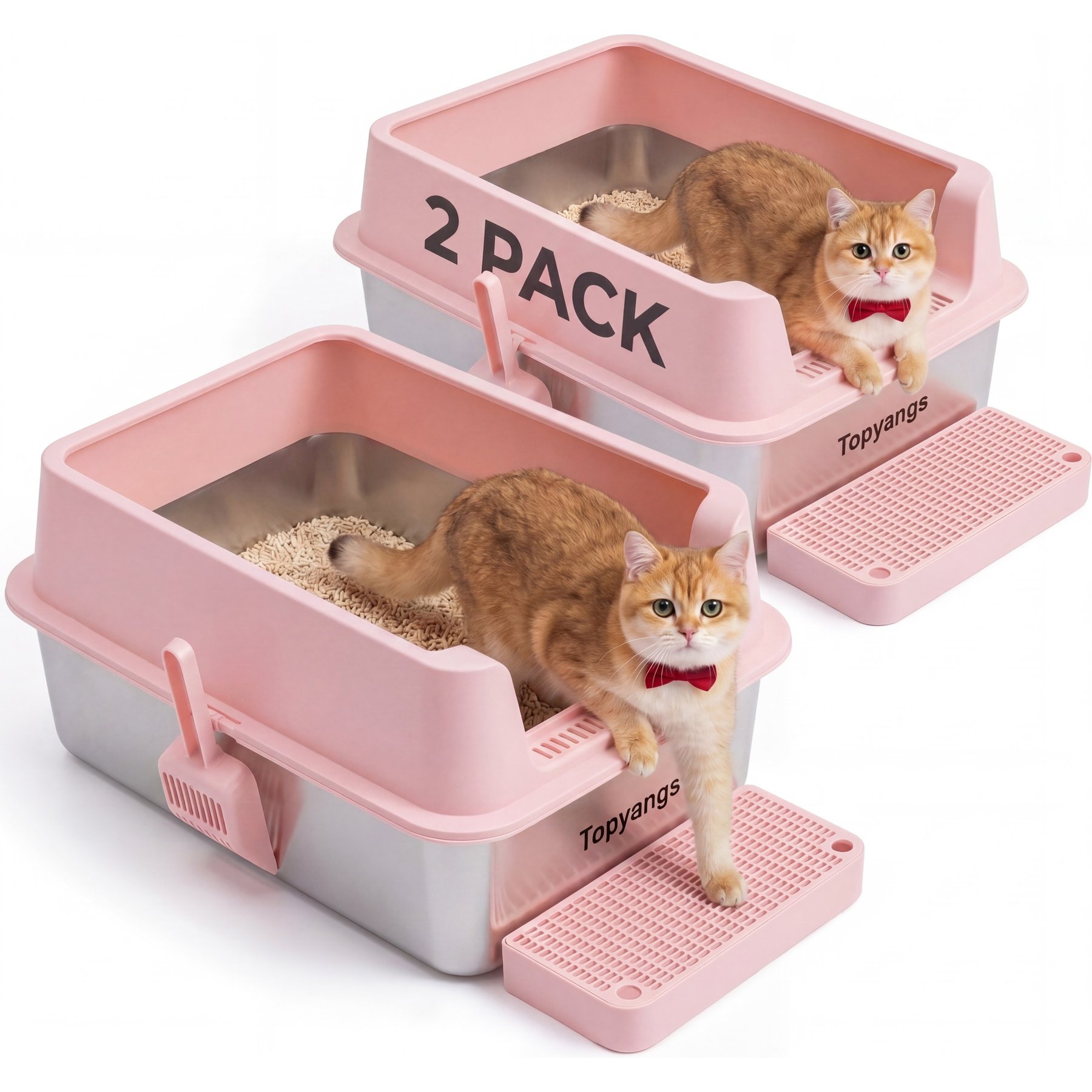 Topyangs Stainless Steel High Sides Metal Cat Litter Box for Big Cats, XX-Large: 23.5 x 15.5 x 10-in, 2 count, Pink