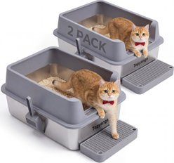 Topyangs Stainless Steel High Sides Enclosed Cat Litter Box with Footrest, XX-Large, 2 count, Gray