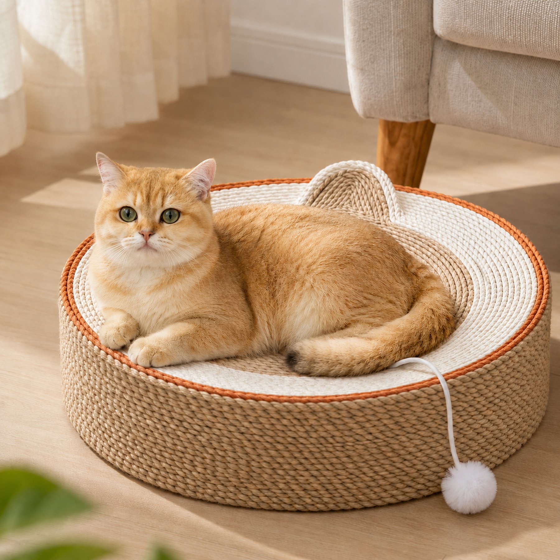 NonoPets 2-in-1 Sisal Round Scratcher Cat Bed, Apricot