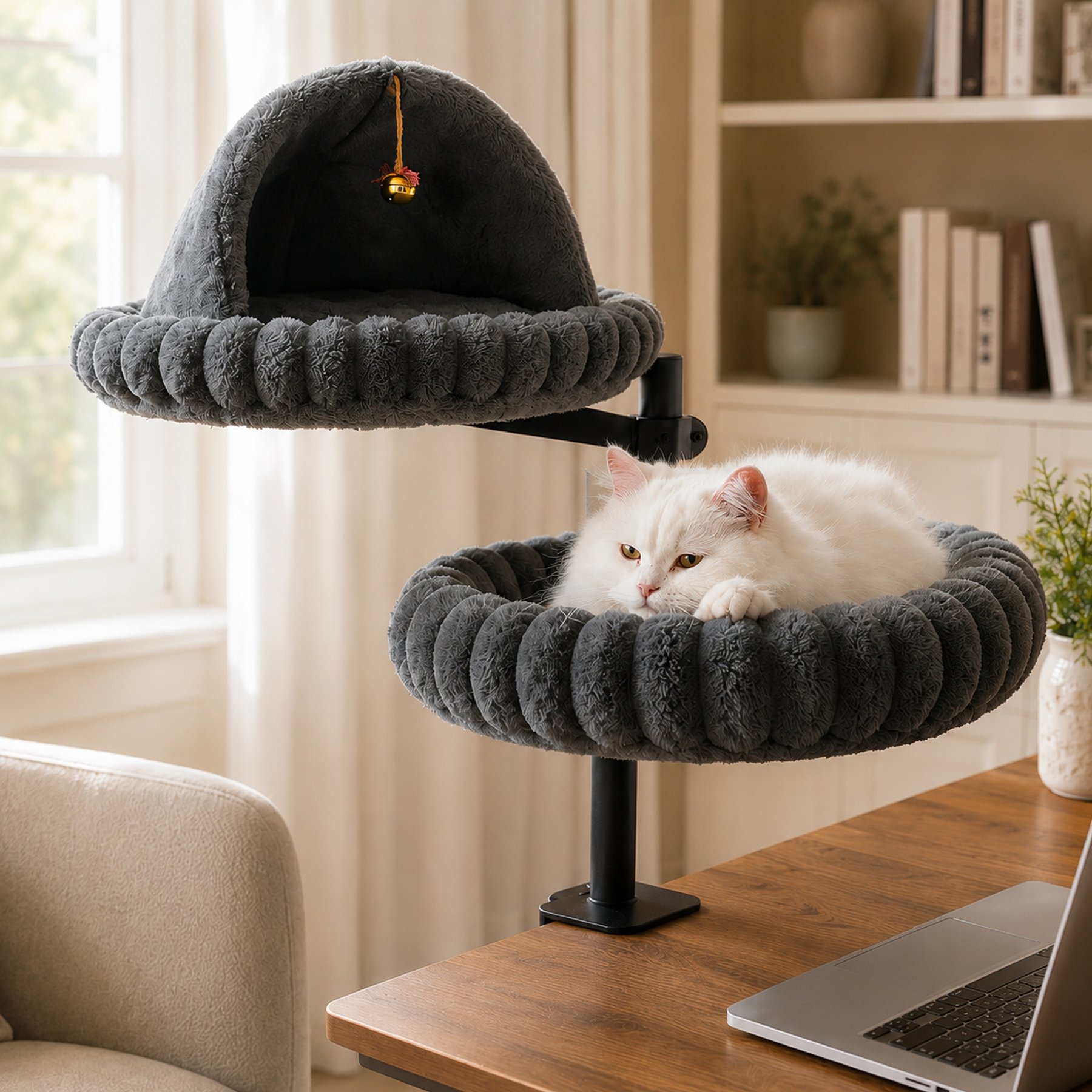 NonoPets Adjustable Desk-Mounted Cat Bed, Grey