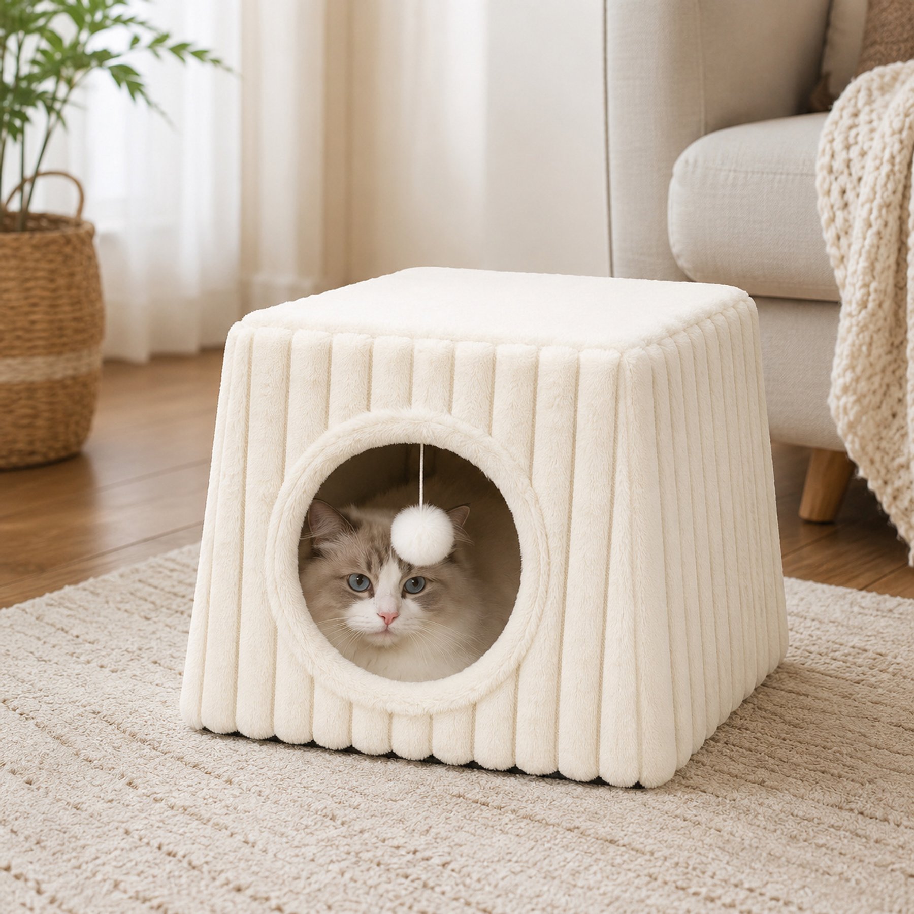 NonoPets 2-in-1 Enclosed Cave Cat Bed, White