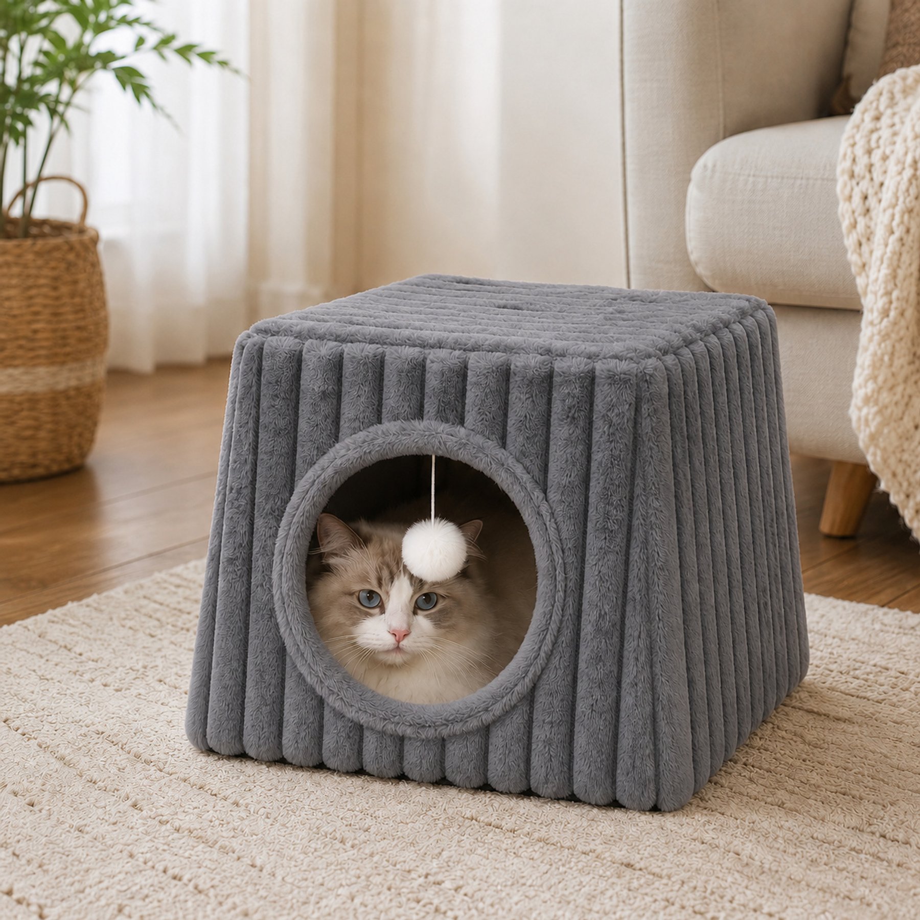 NonoPets 2-in-1 Enclosed Cave Cat Bed, Grey