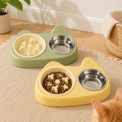 NonoPets Slow Feeder Double Stainless Steel Dog & Cat Bowl Set, Yellow