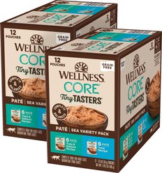 Wellness CORE Tiny Tasters Tuna & Salmon, Tuna Pate Sea Variety Pack Grain-Free Cat Food Pouches, 1.75-oz, bundle of 24