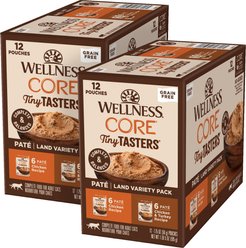 Wellness CORE Tiny Tasters Chicken, Chicken & Turkey Pate Land Variety Pack Grain-Free Cat Food Pouches, 1.75-oz, bundle of 24