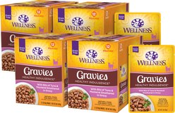 Wellness Complete Health Healthy Indulgence Gravies with Bits of Tuna & Mackerel Smothered in Gravy Grain-Free Wet Cat Food Pouches, 3-oz, bundle of 48