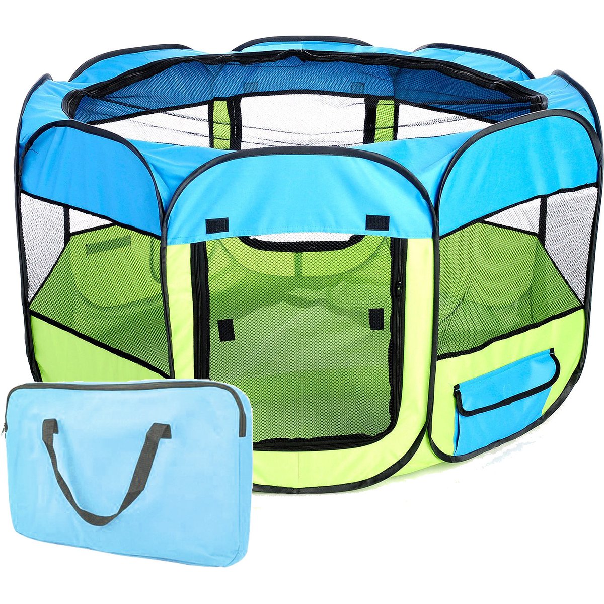 Pet Life All-Terrain Wire-Framed Collapsible Travel Dog Playpen, Blue & Green, Large