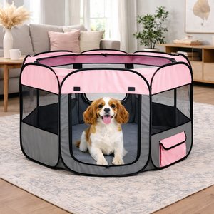 Pet Life All-Terrain Wire-Framed Collapsible Travel Dog Playpen, Pink & Grey, Medium