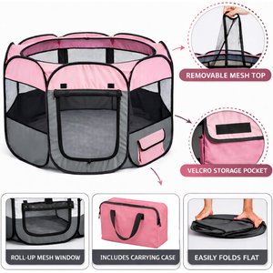 Pet Life All-Terrain Wire-Framed Collapsible Travel Dog Playpen, Pink & Grey, Medium