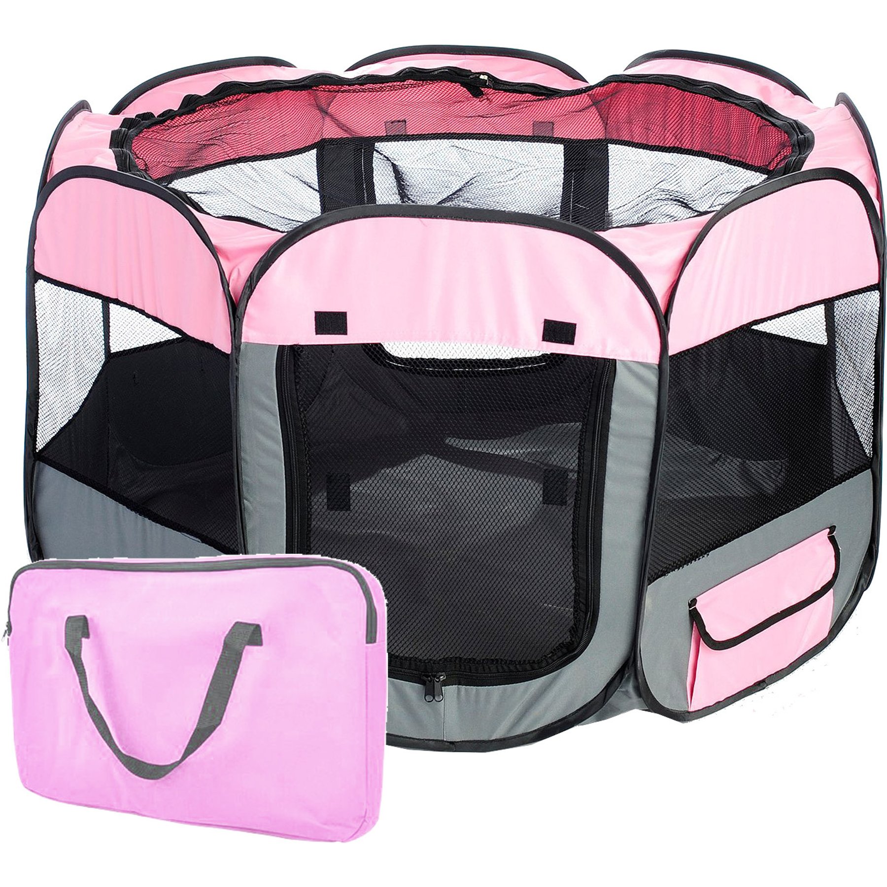 Pet Life All-Terrain Wire-Framed Collapsible Travel Dog Playpen, Pink & Grey, Large