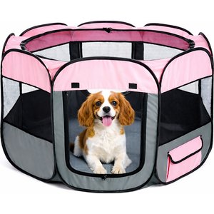 Pet Life All-Terrain Wire-Framed Collapsible Travel Dog Playpen, Pink & Grey, Medium