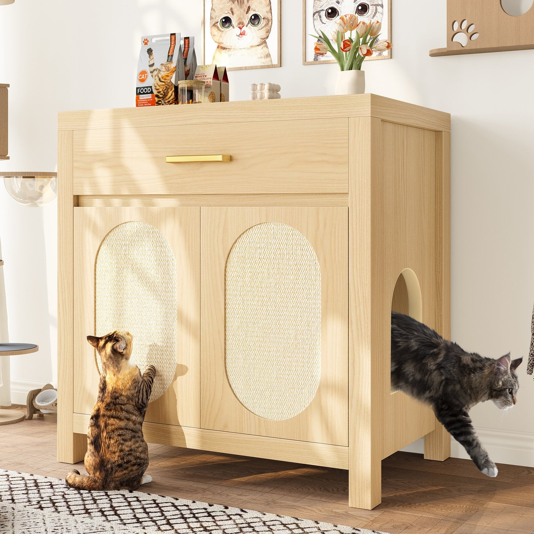 jansno Scratching Board Doors & Storage Drawer Wooden Cat Litter Box Enclosure, Natural