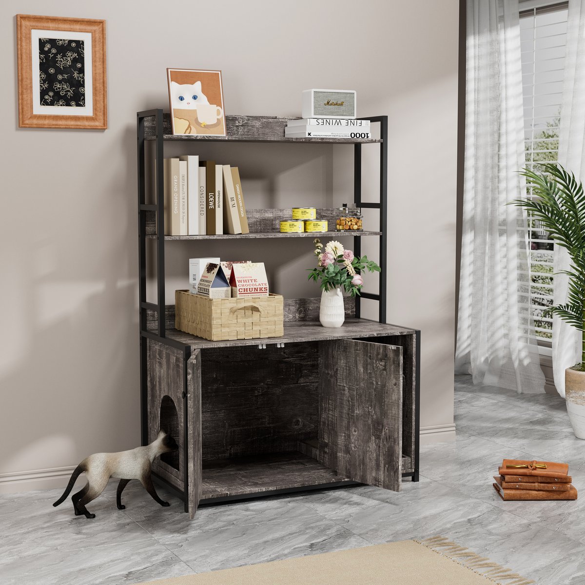 jansno Shelf Storage, Wooden House with Scratch Pad Cat Litter Box Enclosure, Grey