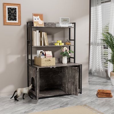 jansno jansno Shelf Storage, Wooden House with Scratch Pad Cat Litter Box Enclosure, Grey