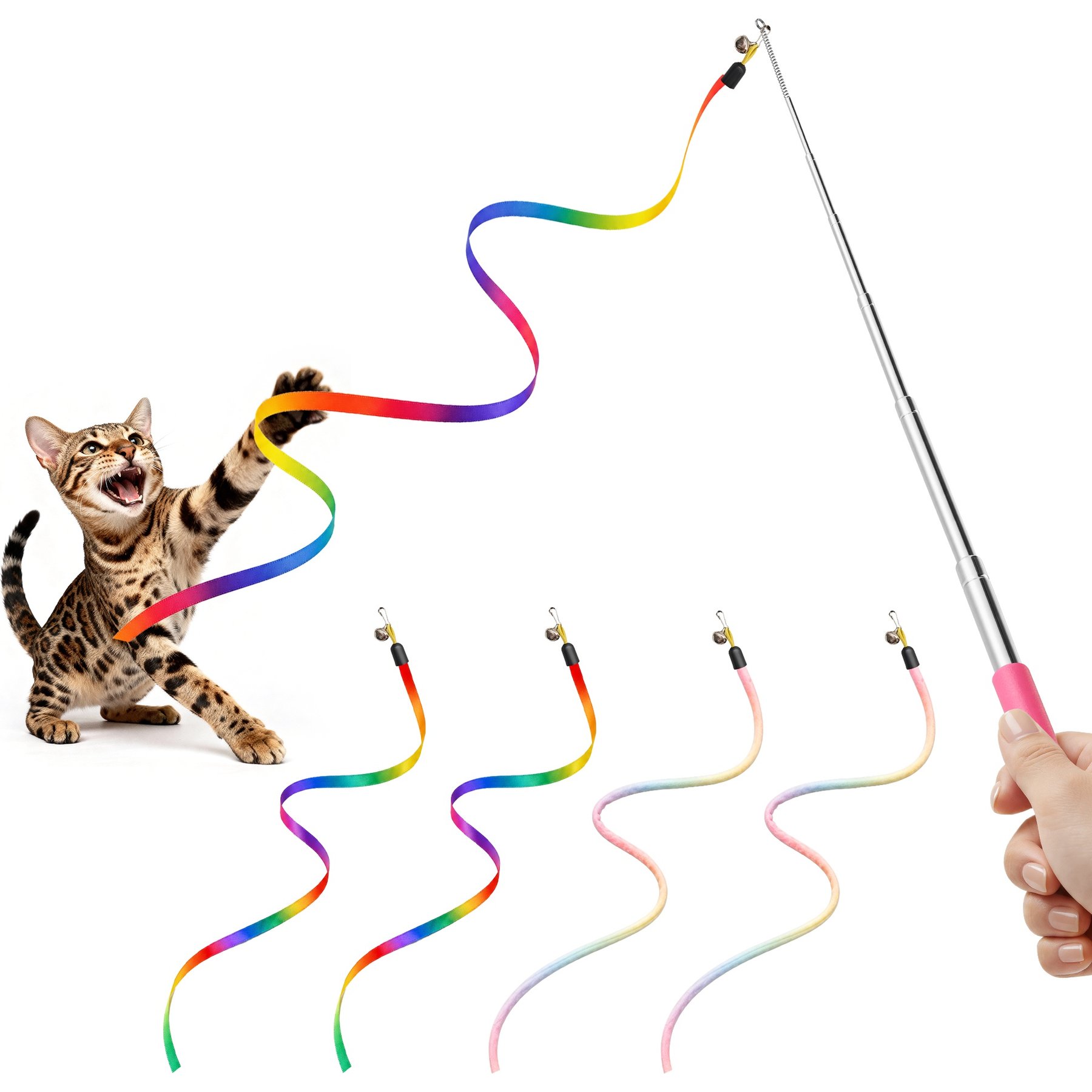 Potaroma Interactive Colorful Cat Teaser Wand Toy, Multicolor, 4 count
