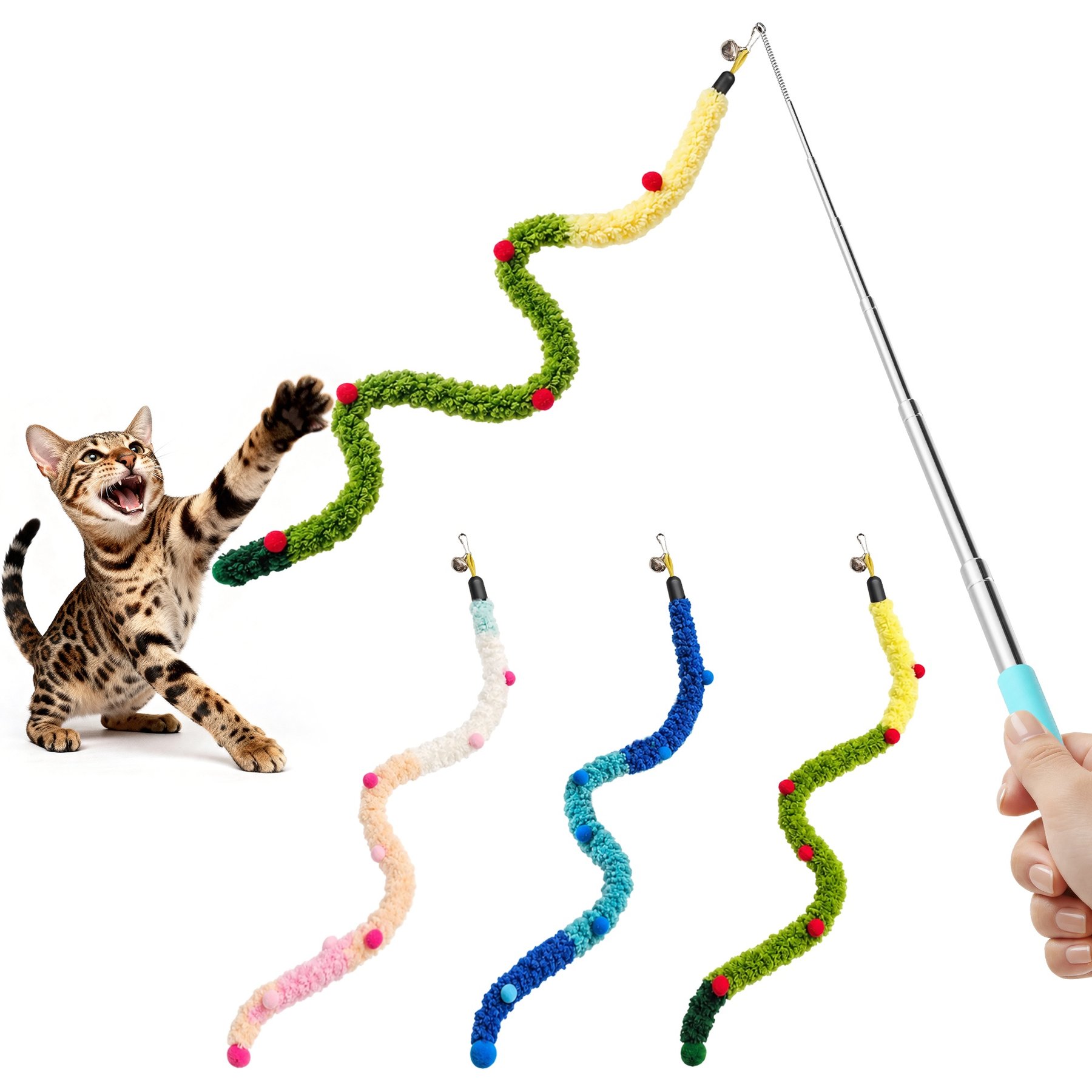 Potaroma Interactive Plush Colorful Worm Cat Teaser Wands Toy, Multicolor, 3 count