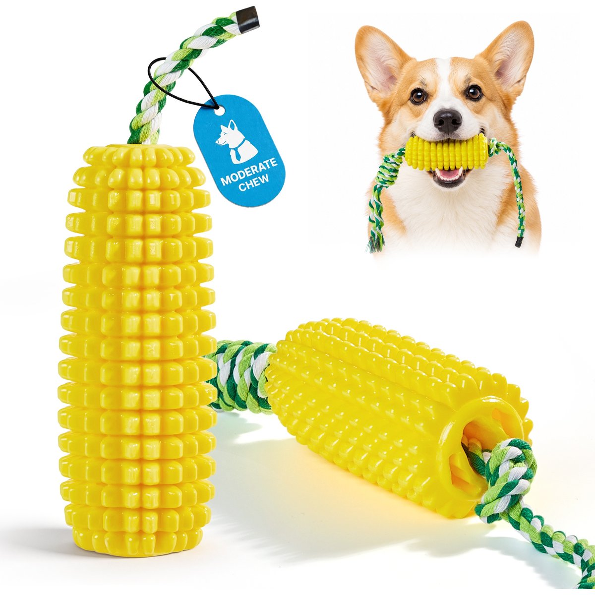 Potaroma Interactive & Ropes for Tug-of-War Squeaky Quiet Corn Chew Dog Toy, Yellow, 2 count