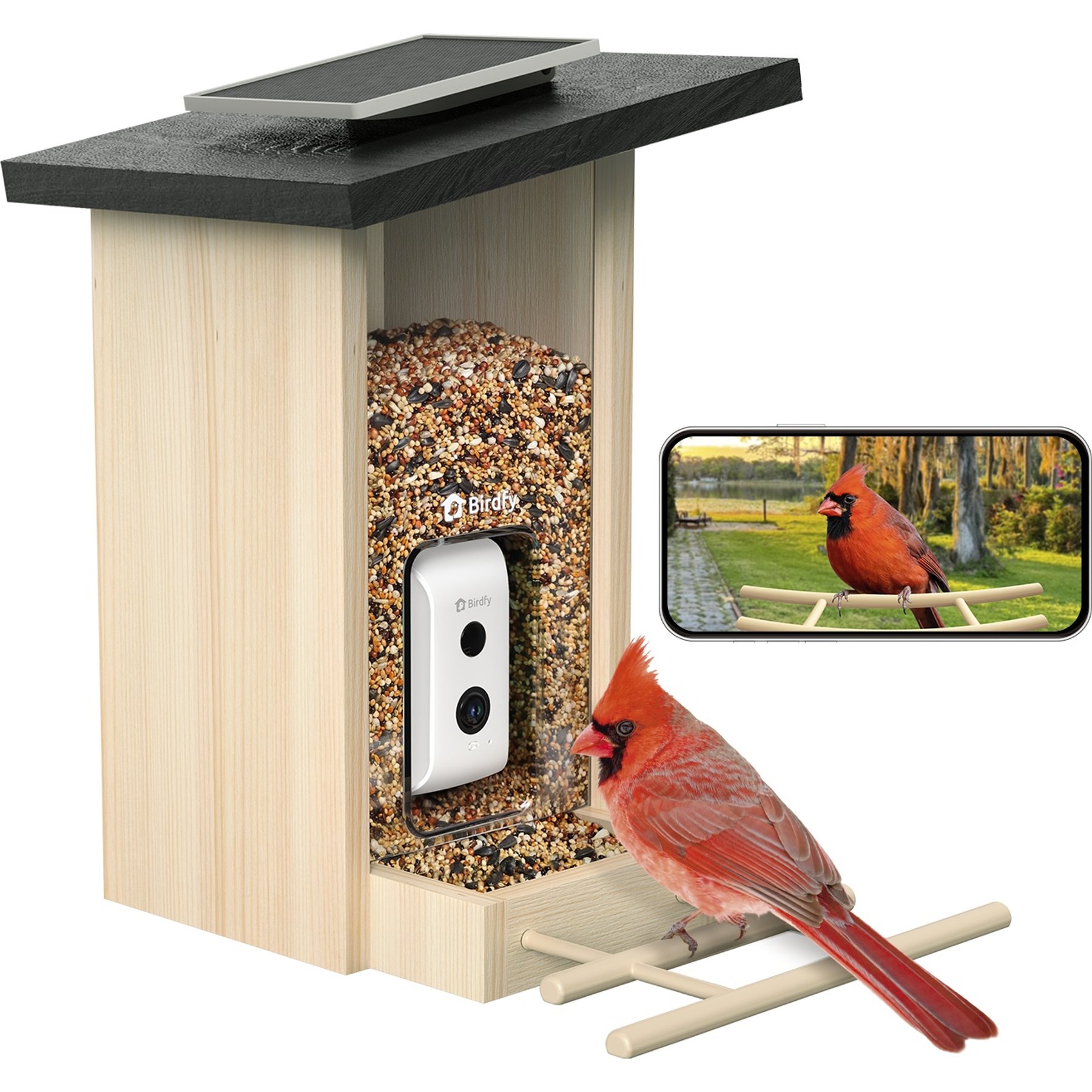 Birdfy Wooden Smart Bird Feeder with Camera Solar Powered, Ebony, 2.8L
