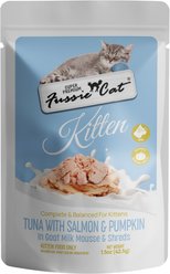 Fussie Cat Kitten Salmon & Tuna Flavored with Pumpkin in Goat Milk Mousse Wet Cat Food & Shreds, 1.5-oz pouch, case of 12