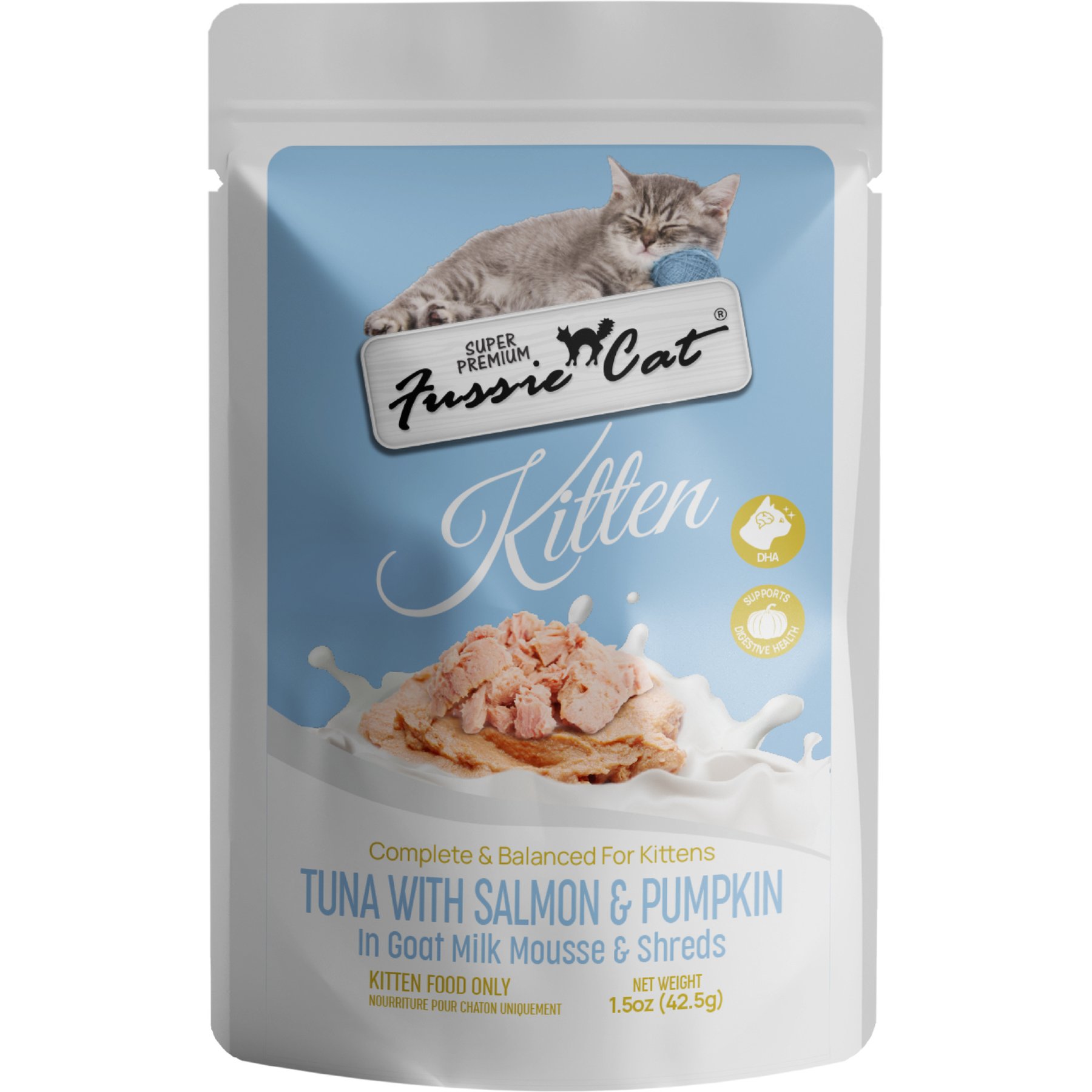 Fussie Cat Kitten Salmon & Tuna Flavored with Pumpkin in Goat Milk Mousse Wet Cat Food & Shreds, 1.5-oz pouch, case of 12