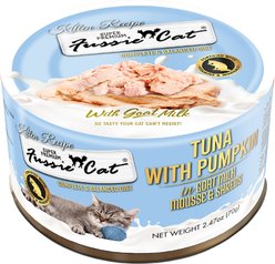 Fussie Cat Kitten Mousse Tuna Flavored with Pumpkin in Goat Milk Wet Cat Food & Shreds, 2.47-oz can, case of 24