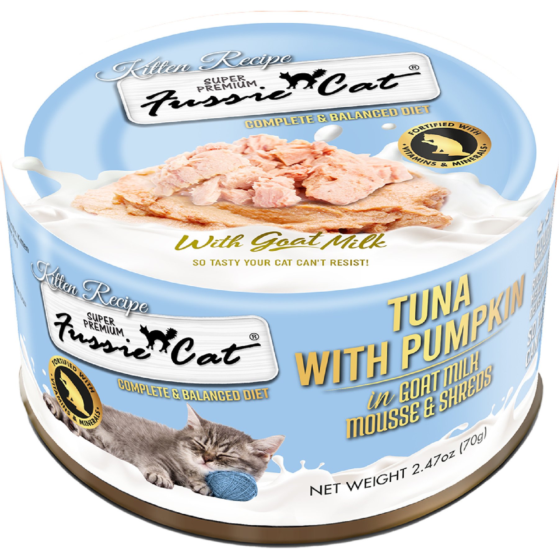 Fussie Cat Kitten Mousse Tuna Flavored with Pumpkin in Goat Milk Wet Cat Food & Shreds, 2.47-oz can, case of 24
