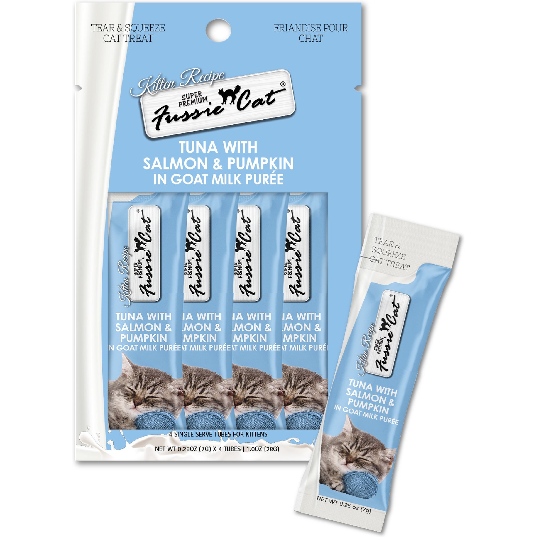 Fussie Cat Tuna Flavored in Goat Milk Puree Lickable Kitten & Cat Treats, 1-oz tube, 4 count