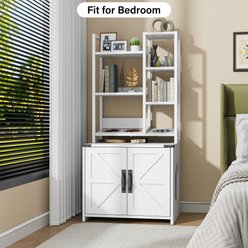 Saudism 3 Bowl Hole Wood Hidden Furniture Cabinet Cat Litter Box Enclosure with 4-Tier Shelves & Doors, 50-in, White slide 2 of 7