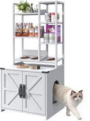 Saudism 3 Bowl Hole Wood Hidden Furniture Cabinet Cat Litter Box Enclosure with 4-Tier Shelves & Doors, 50-in, White