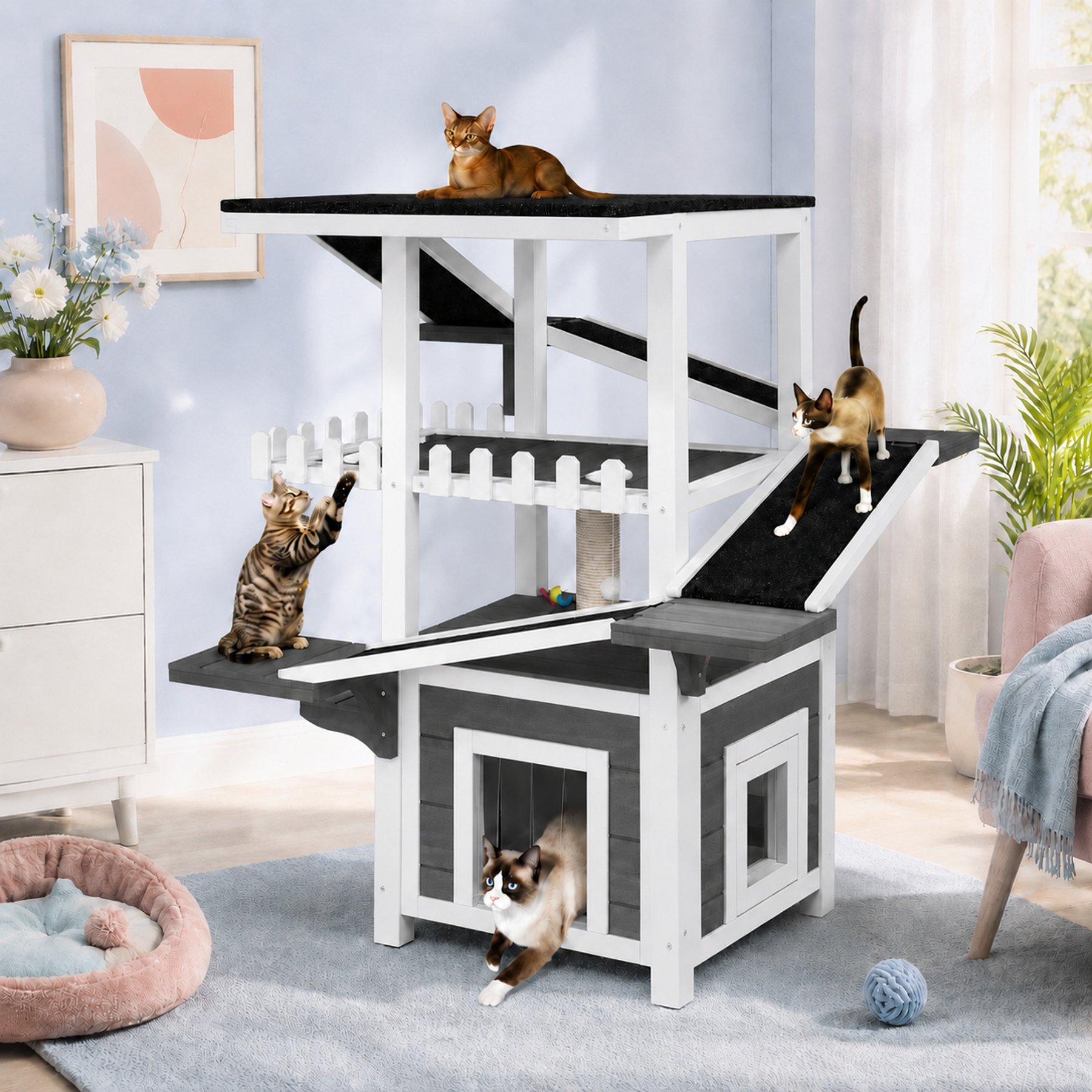 Yafylly 4-Tier Outdoor Weatherproof Roof Cat House, Grey & White