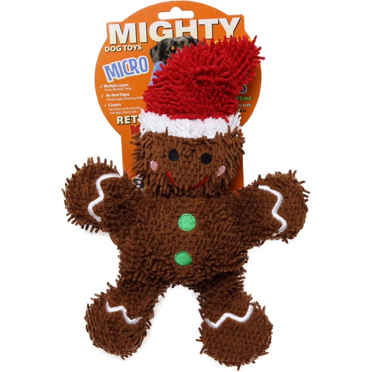 Mighty Microfiber Ball Med Gingerbread Man Hat Squeaky Plush Dog Toy, Brown