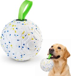 Potaroma Soccer Interactive Squeaky Exercise PU Durable Floating Bouncy Ball & Funny Grunting Sound Tug Dog Toy with Green Woven Strap, White, 5.9-in