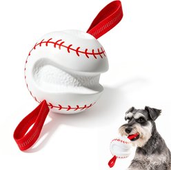 Potaroma Baseball High Bounce PU Foam Interactive Exercise Ball & Durable Tug & Fetch Dog Toy with Red Woven Straps, White/Red